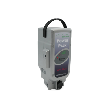 Vue à trois quarts du Panasonic Deluxe 36V 17Ah Compatible avec le port de charge visible.