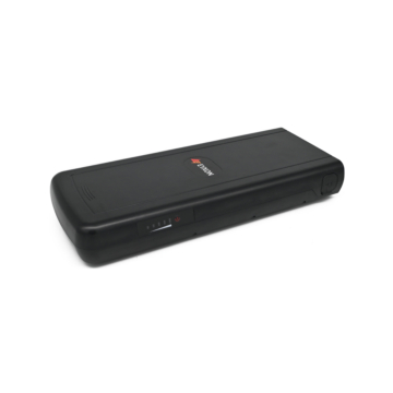 Photo de la batterie complète EYXON Sparta/Batavus B400 36V 12.8Ah Compatible. La photo est prise sous un angle trois quarts.
