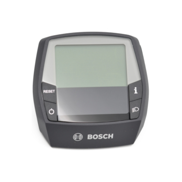 Vue de face de l'ordinateur de vélo Bosch Intuvia, l'écran et les boutons de l'affichage sont bien visibles.