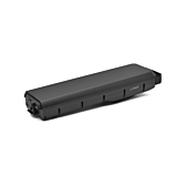 Vue latérale oblique du Bosch Powerpack 700 Performance/Active porte-bagages E-Bike Vision. Le côté de la batterie avec l'indicateur de batterie est bien visible.