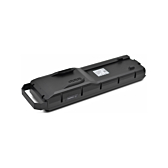 Vue de dessous du Bosch Powerpack 700 Performance/Active porte-bagages E-Bike Vision, prise sous un angle oblique montrant clairement la batterie.