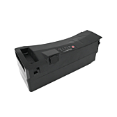 Batterie compatible Impulse 36V 14.5Ah produite par EYXON vue sous un angle oblique. La poignée, le dessus et le côté de la batterie sont visibles.