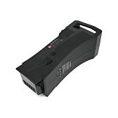 La batterie compatible Impulse 36V 14.5Ah produite par EYXON vue de dessus sous un angle oblique. Le côté avec l'étiquette et le dessus de la batterie sont visibles.