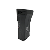 La batterie compatible Impulse 36V 14.5Ah produite par EYXON debout. Le côté avec l'étiquette et le dessus de la batterie sont visibles.