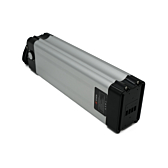 Vue trois-quarts de la Phylion XH370-12J Silverfish 37V 12Ah Compatible avec la connexion au vélo visible, prise d'en haut.
