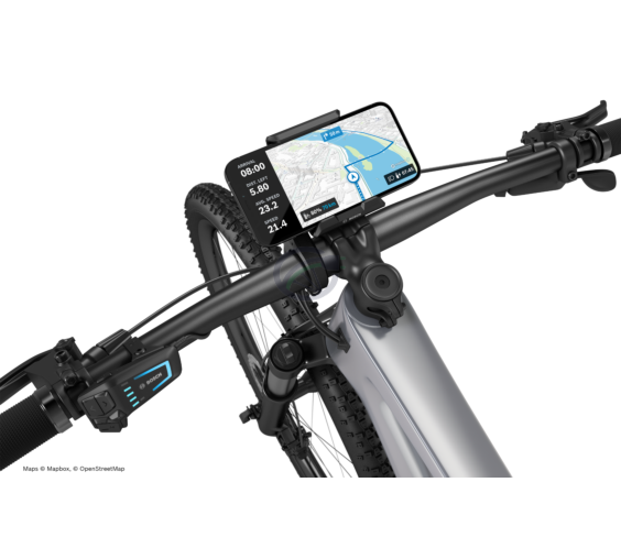 Le Smartphone Grip de Bosch monté sur un vélo électrique. Ceci montre la fonction de navigation.