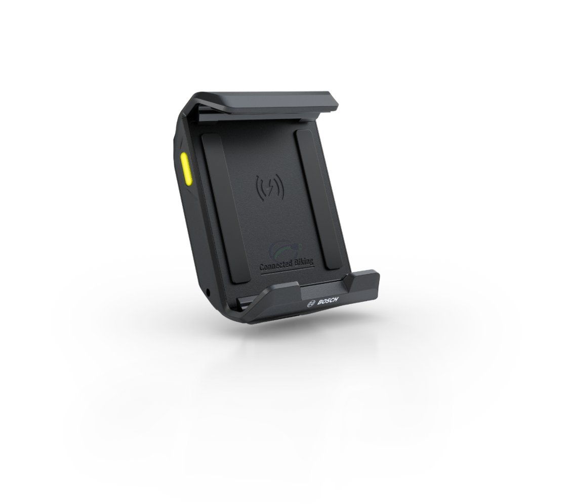 Vue latérale du SmartphoneGrip Bosch, montrant la bande LED qui indique si le téléphone est chargé.