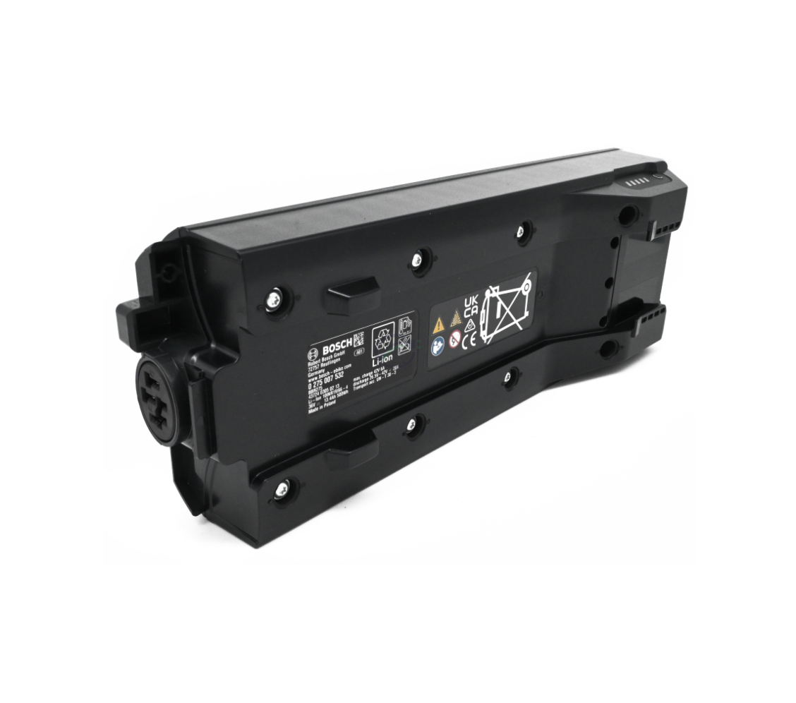 Photo de la Bosch PowerPack 500 Active 36V 13.4Ah batterie de vélo où l'on peut voir le dessous de côté