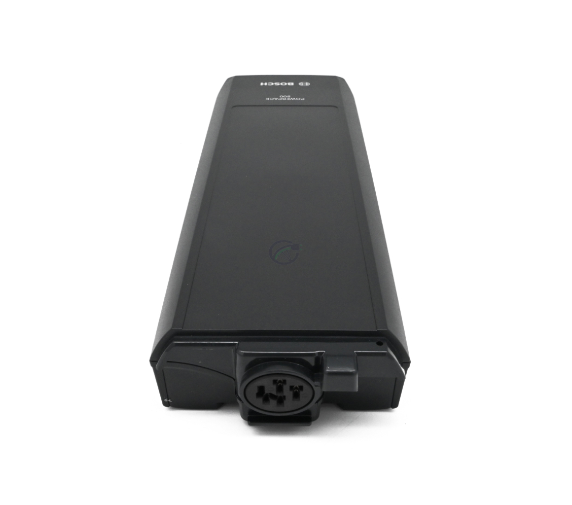 Photo de la Bosch PowerPack 500 Active 36V 13.4Ah batterie de vélo où l'on peut voir le connecteur