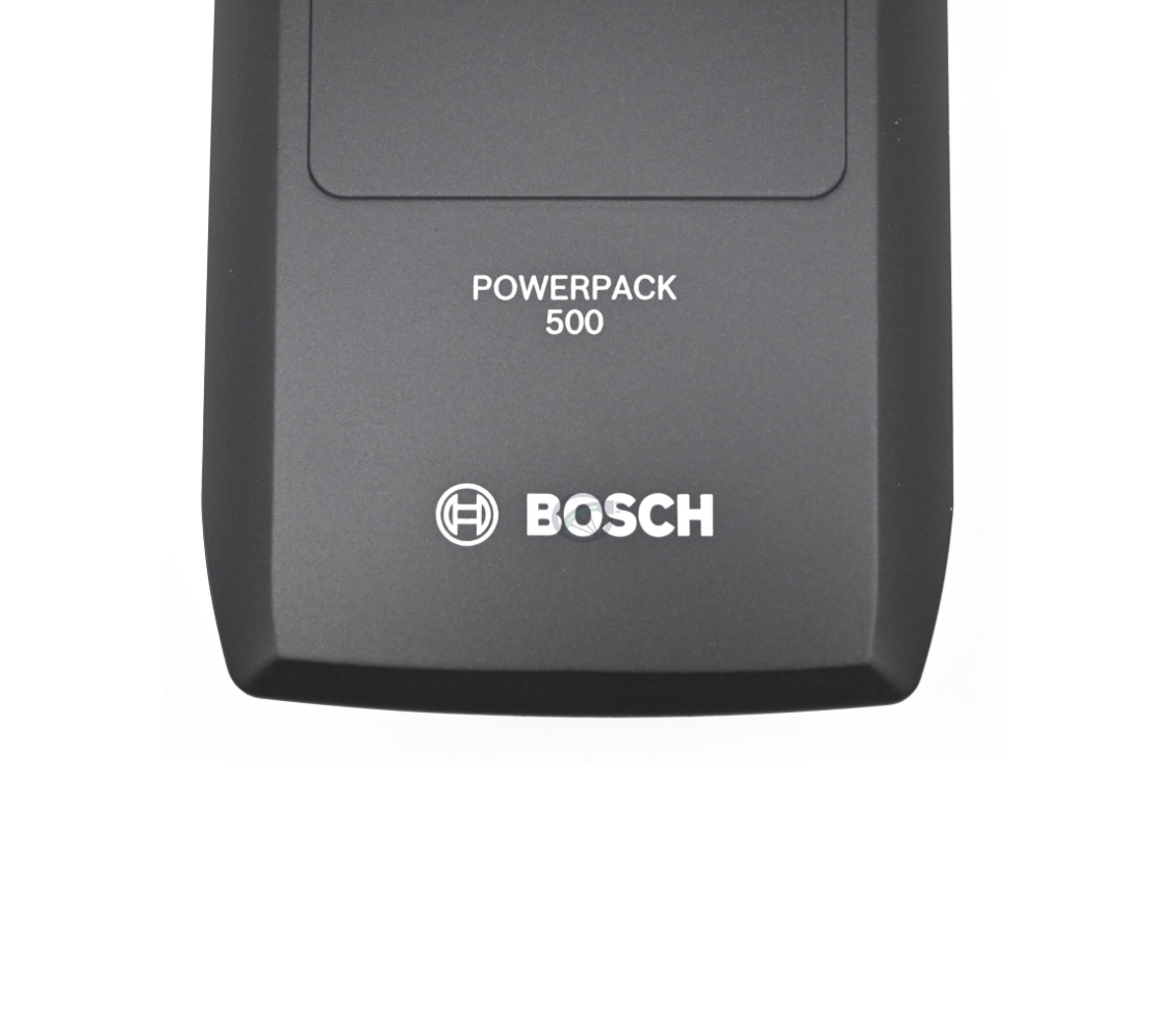 Gros plan de la Bosch PowerPack 500 Active 36V 13.4Ah batterie de vélo vue du dessus avec zoom sur le logo Bosch