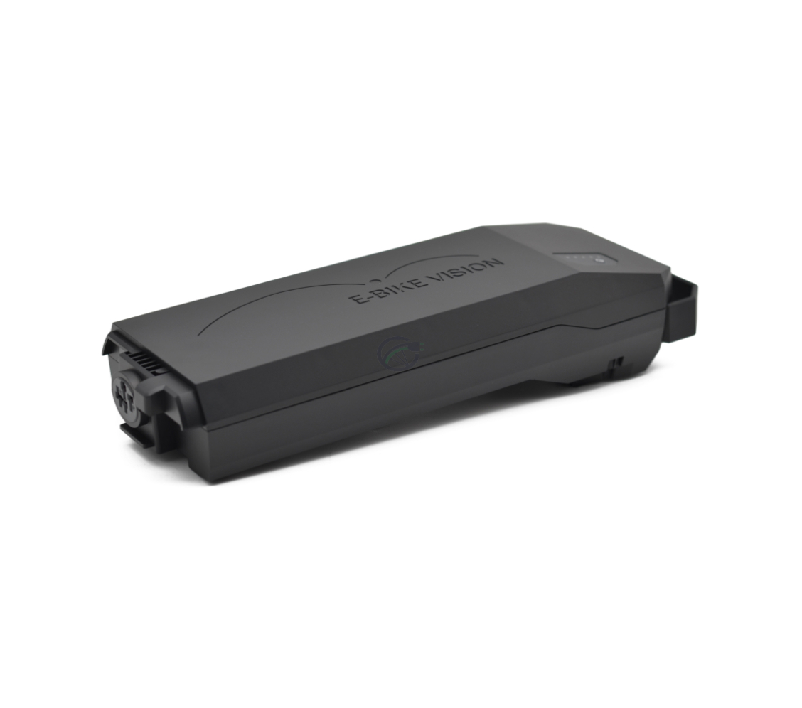 Photo claire de la batterie de vélo Bosch Powerpack 360 Performance/Active porte-bagages E-Bike Vision. La photo est prise en trois quarts.
