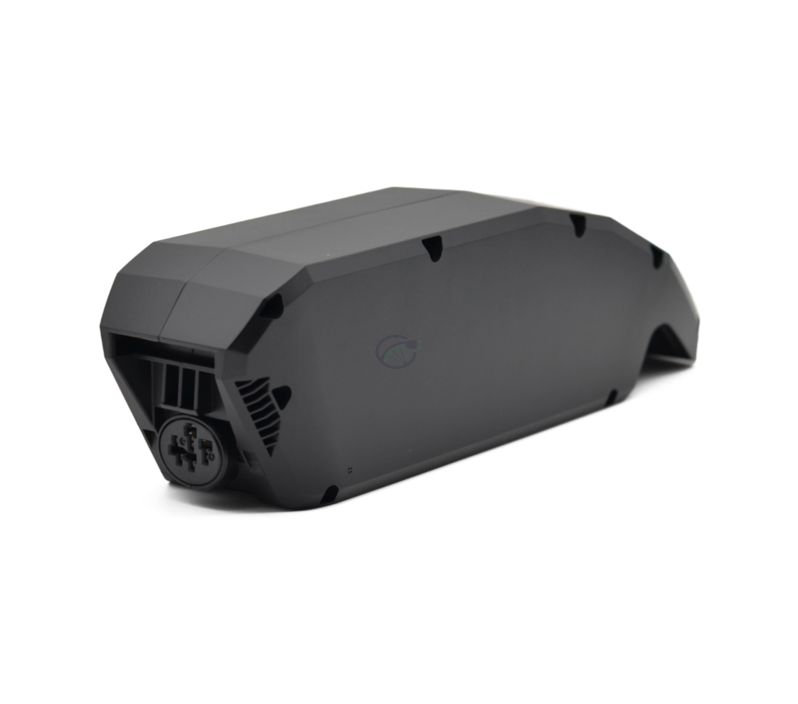 Vue en trois quarts de l'arrière de la batterie de vélo Bosch Powerpack 540 Performance/Active cadre E-Bike Vision. La connexion au vélo est visible.