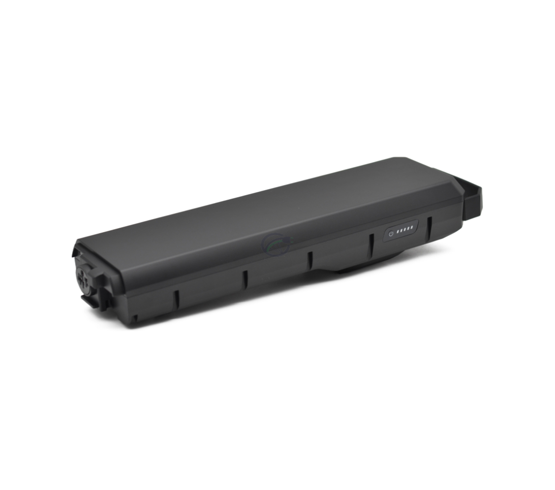 Vue latérale oblique du Bosch Powerpack 700 Performance/Active porte-bagages E-Bike Vision. Le côté de la batterie avec l'indicateur de batterie est bien visible.