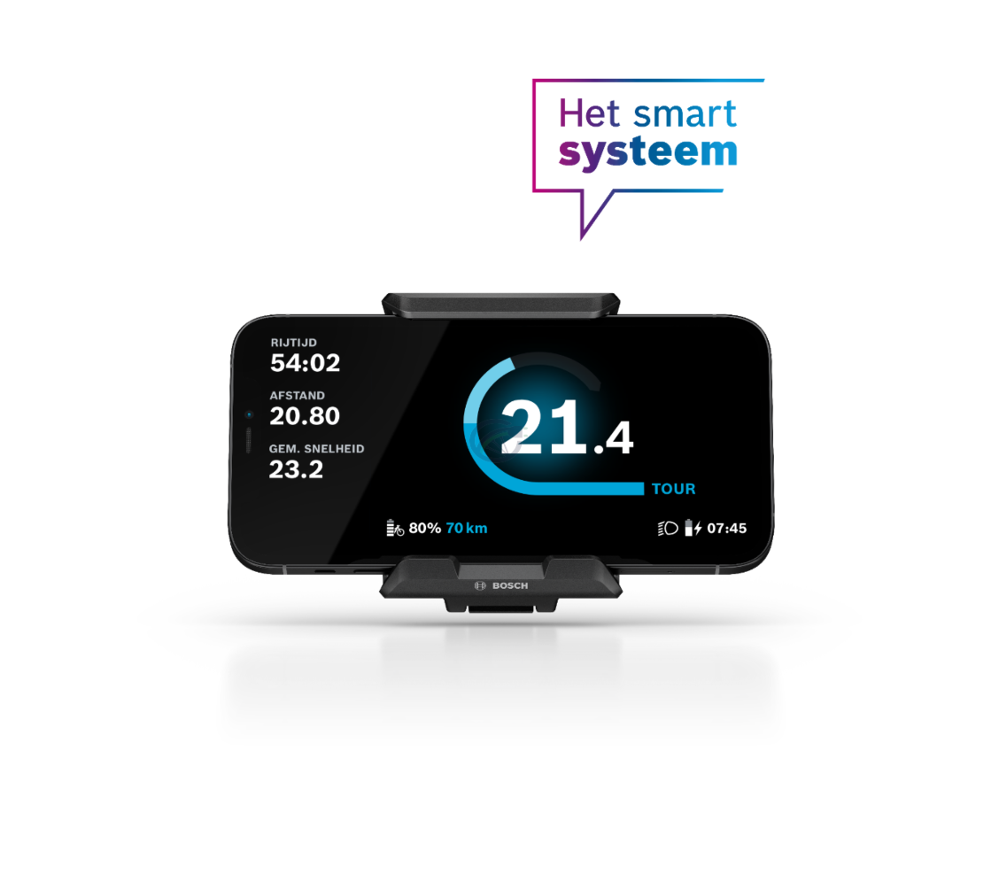 Vue de face du SmartphoneGrip Bosch avec le téléphone. Il affiche diverses données de conduite, telles que la vitesse, la distance et le temps de conduite.