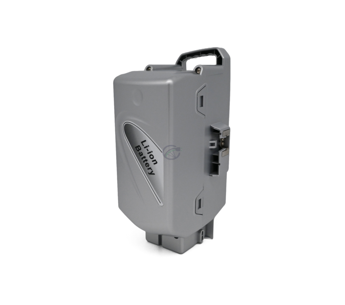 Vue trois quarts de l'arrière depuis la droite de la batterie de vélo Flyer Kalkhoff Compatible Panasonic 26V 23Ah.