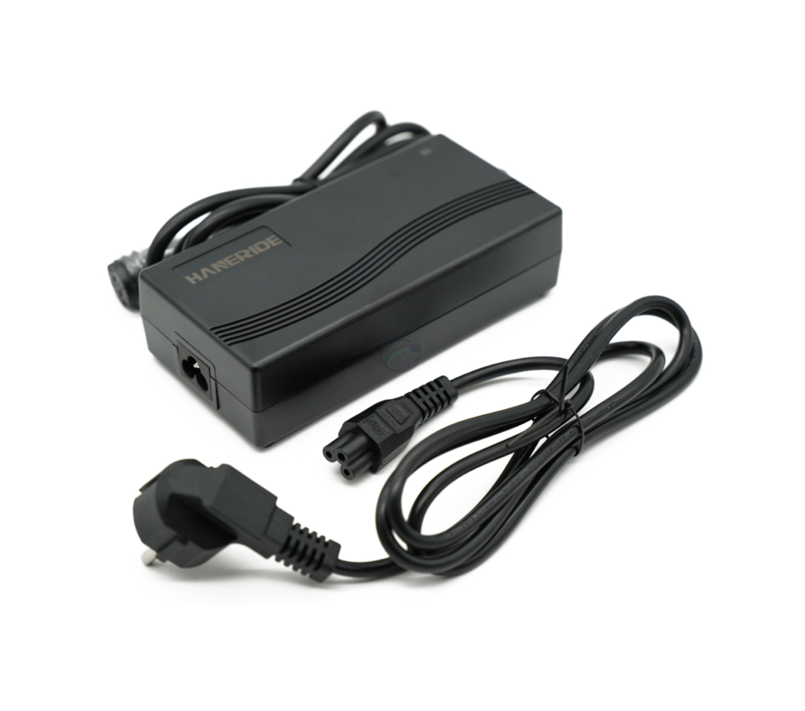 Vue trois-quarts du chargeur compatible Gazelle Impulse 42V 3A avec connecteur Rosenberger avec adaptateur.