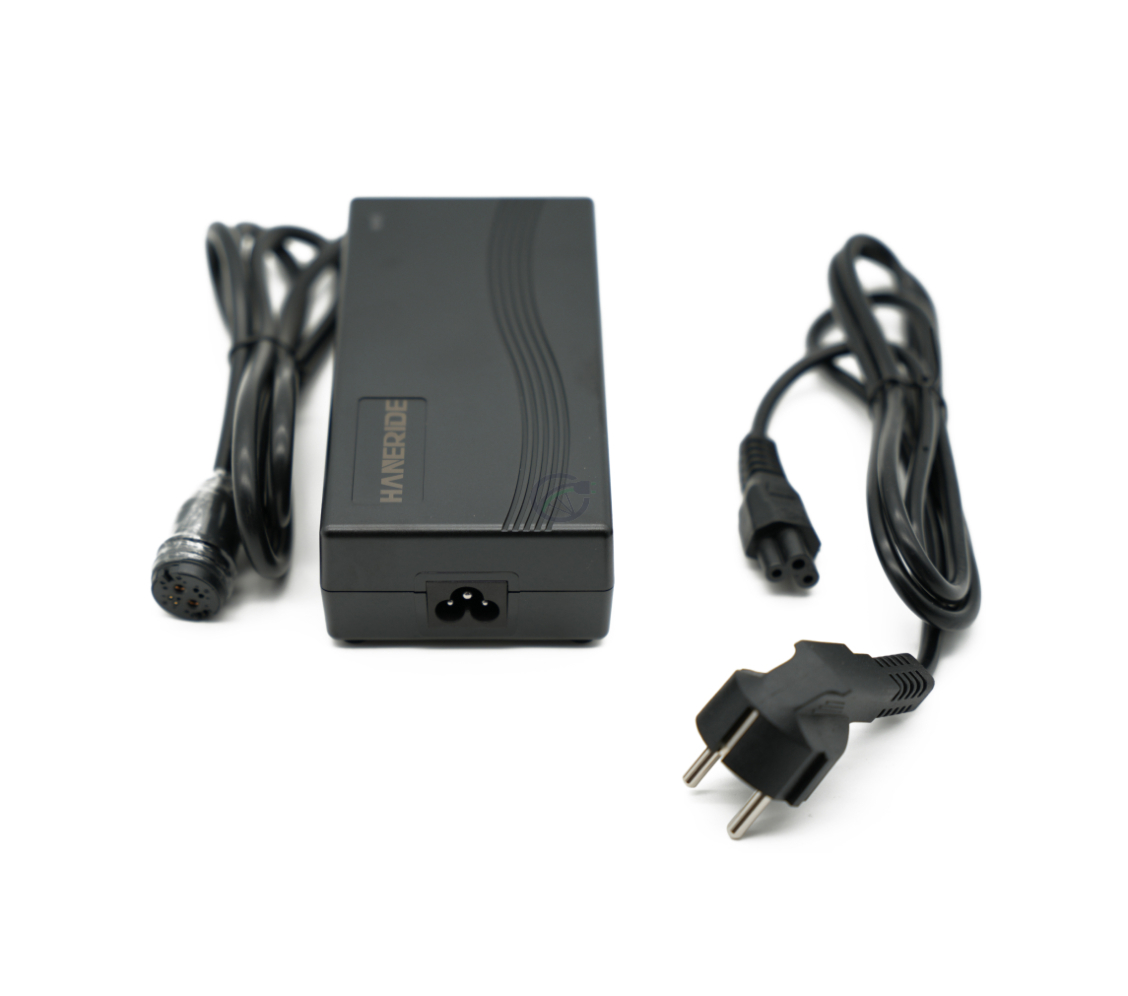 Vue de face du chargeur compatible Gazelle Impulse 42V 3A avec connecteur Rosenberger sous un angle plus élevé. L'adaptateur est à côté du chargeur.