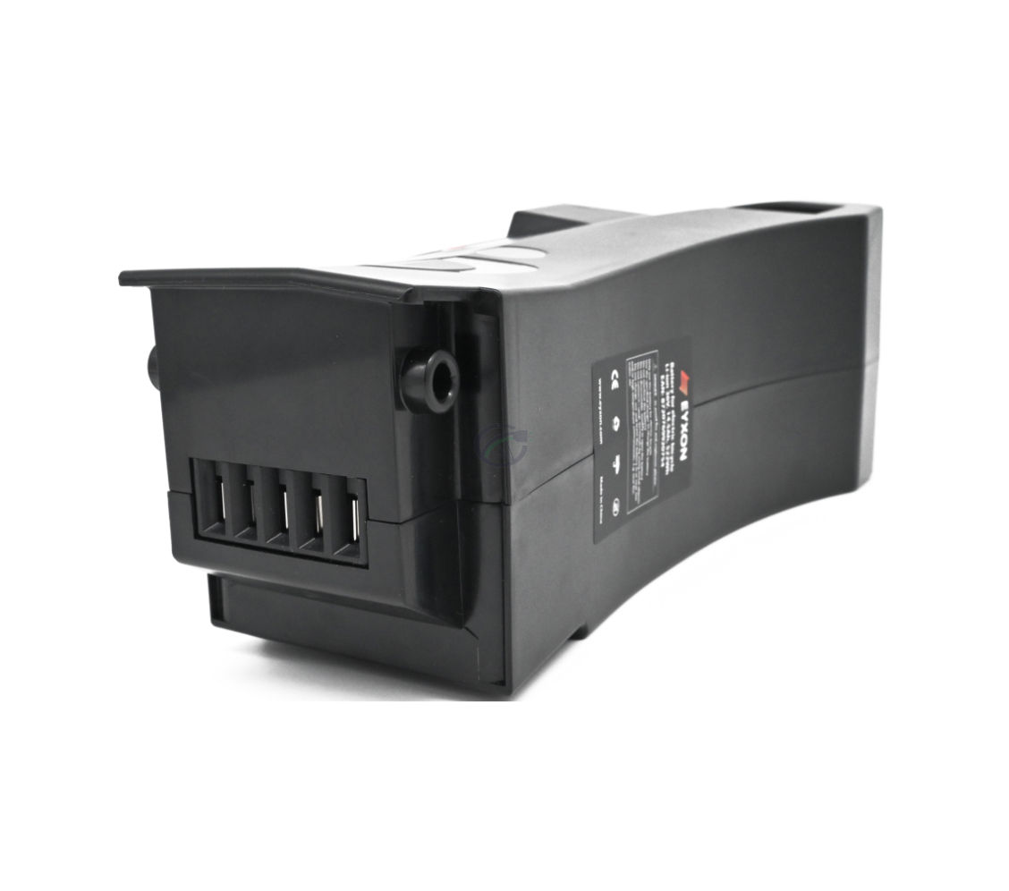 Image de la batterie compatible Impulse 36V 14.5Ah produite par EYXON. L'image est prise sous un angle oblique montrant le connecteur de vélo.