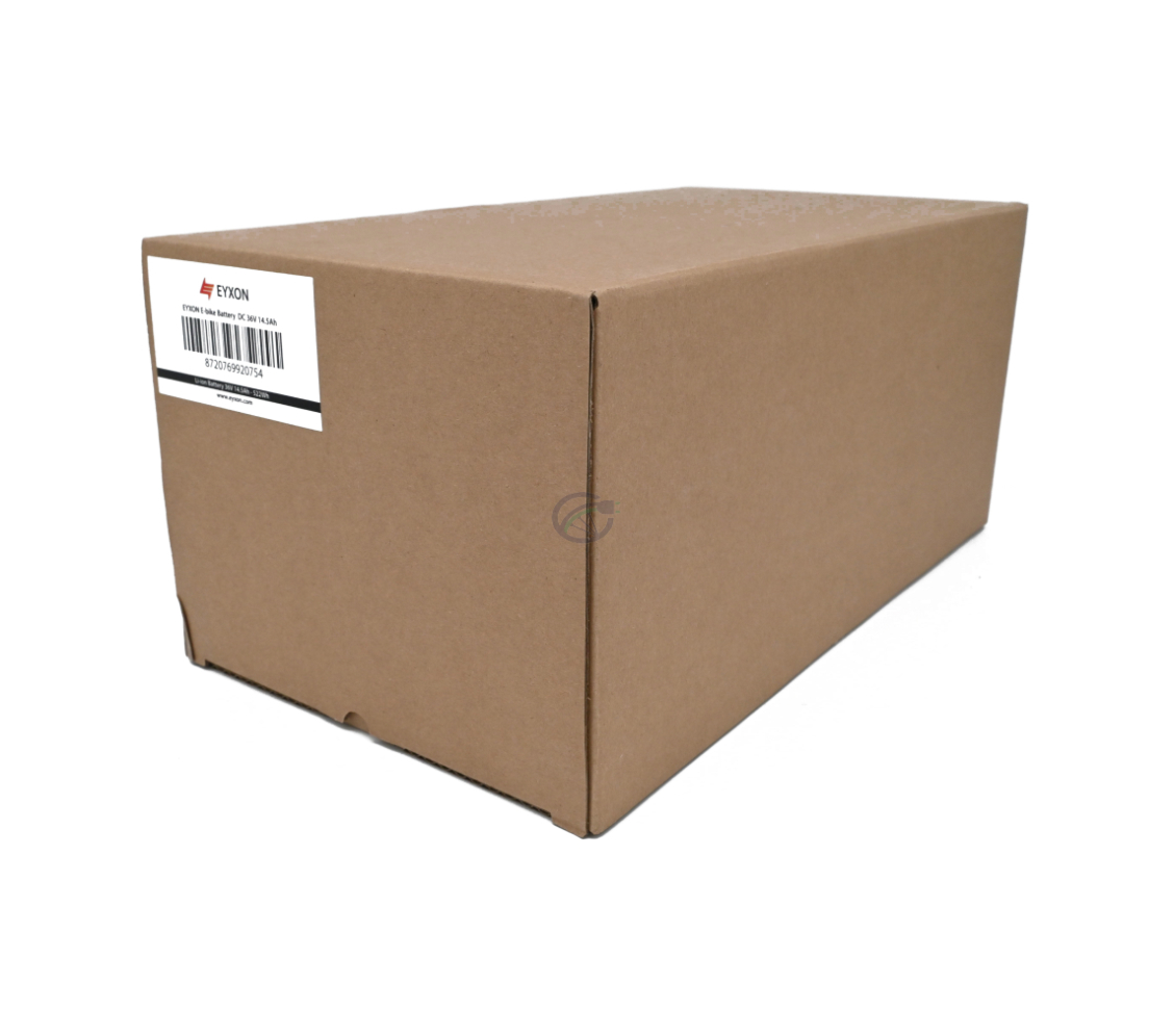 Vue oblique de la boîte complète de la batterie compatible Impulse 36V 14.5Ah produite par EYXON.