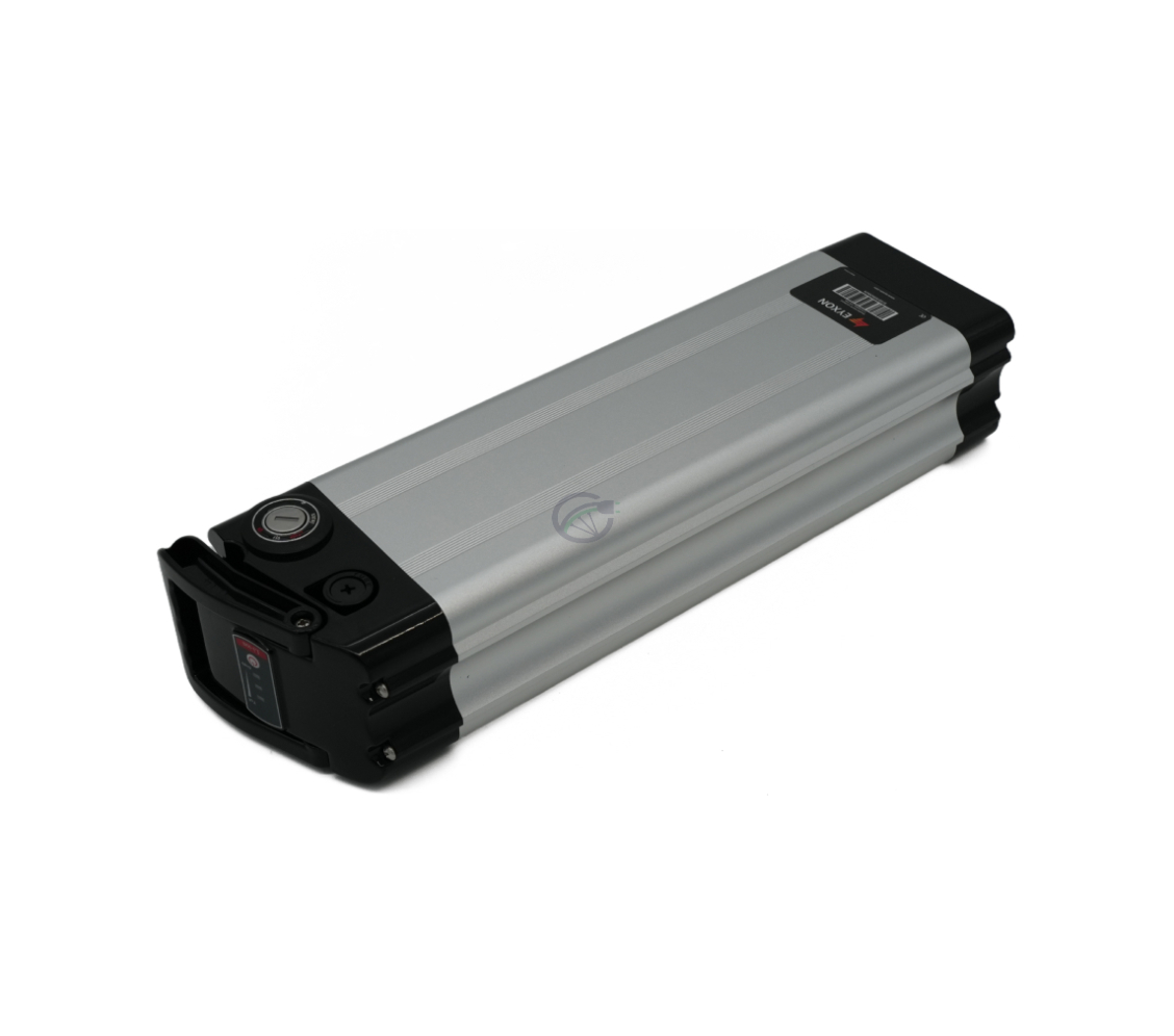 Vue trois-quarts de la Phylion XH370-12J Silverfish 37V 12Ah Compatible avec l'indicateur LED visible.