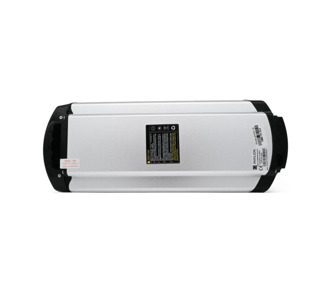 Vue de dessous de la Phylion XH370-13J Wall-E 37V 14Ah (2 pôles). Les autocollants au bas de cette batterie Phylion sont bien visibles.