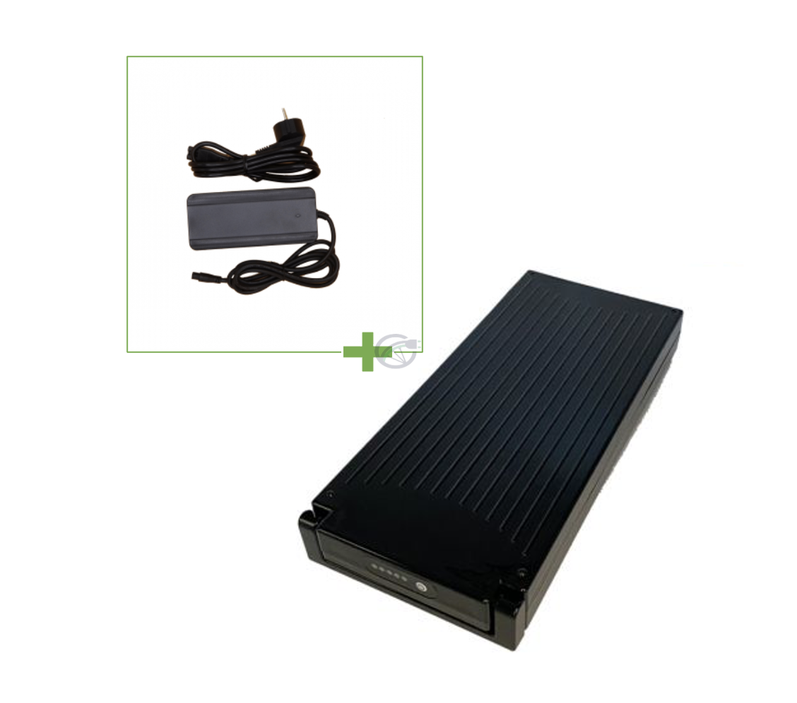 Batterie de vélo 13,6 Ah compatible Sparta E-motion C1/C2/C3 / Batavus (noir) Incl. chargeur avec une photo du chargeur