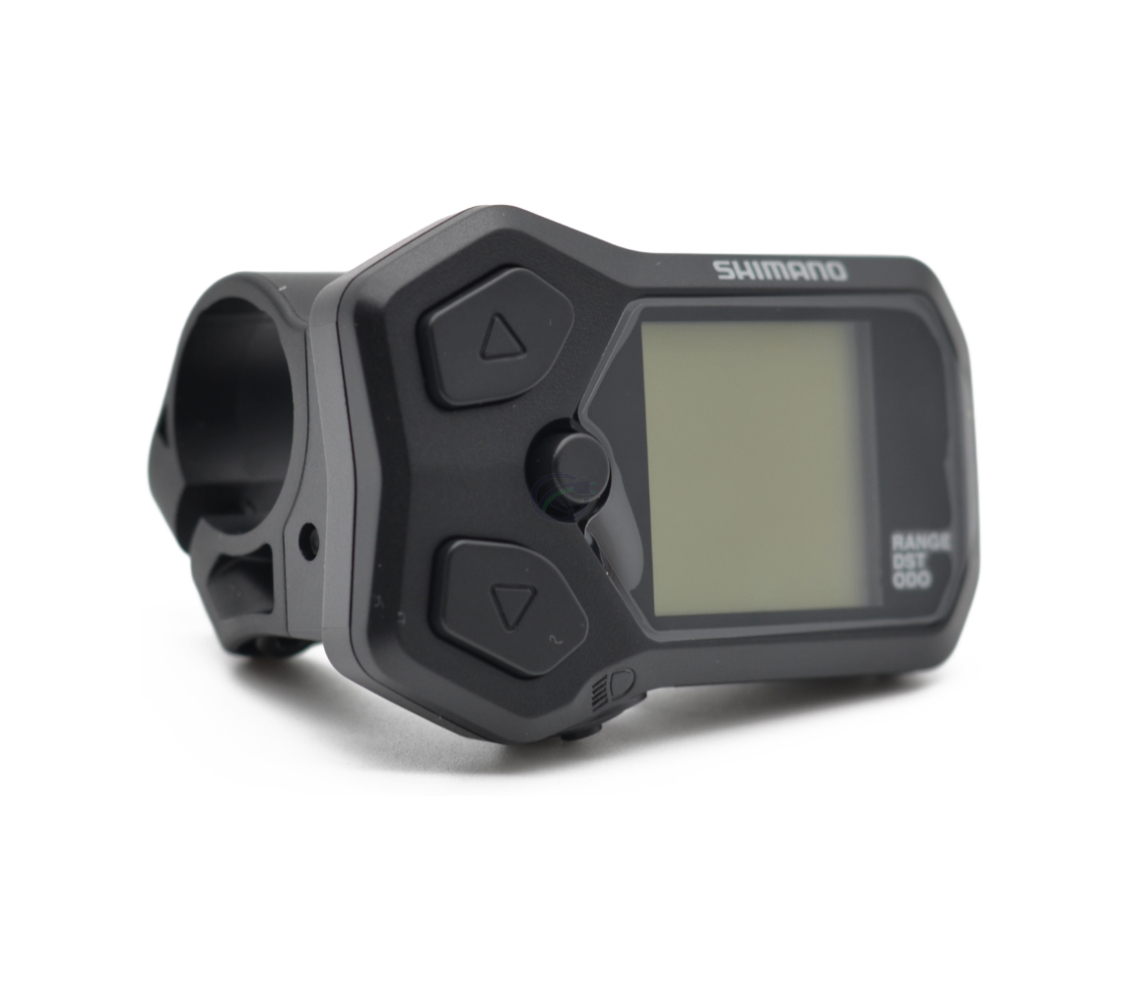 Vue en trois quarts de l'ordinateur de vélo Shimano Steps display SC-E5000 sous un angle bas