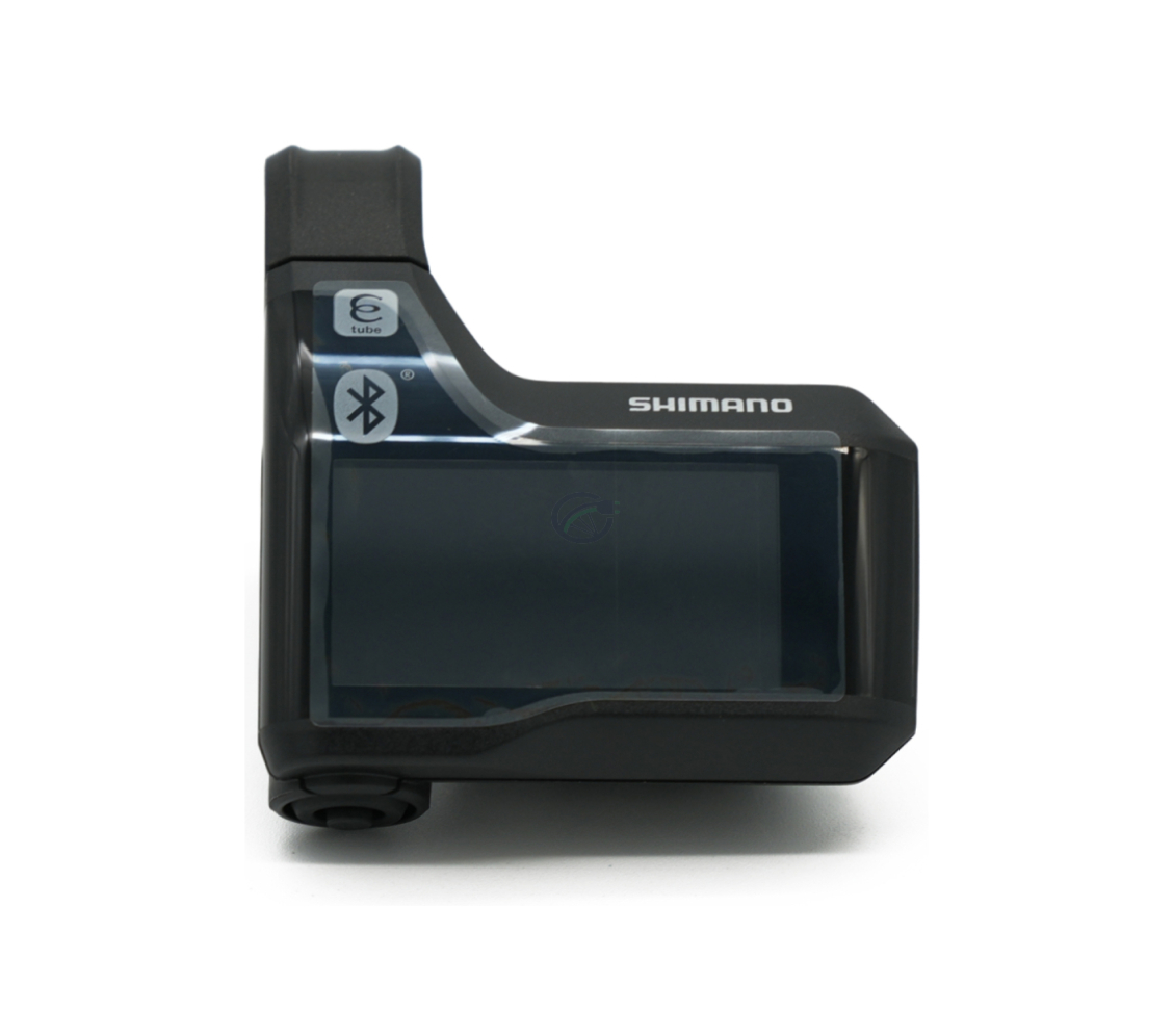 Vue de face du Shimano Steps SC-E8000 avec l'écran et le bouton d'alimentation clairement visibles.
