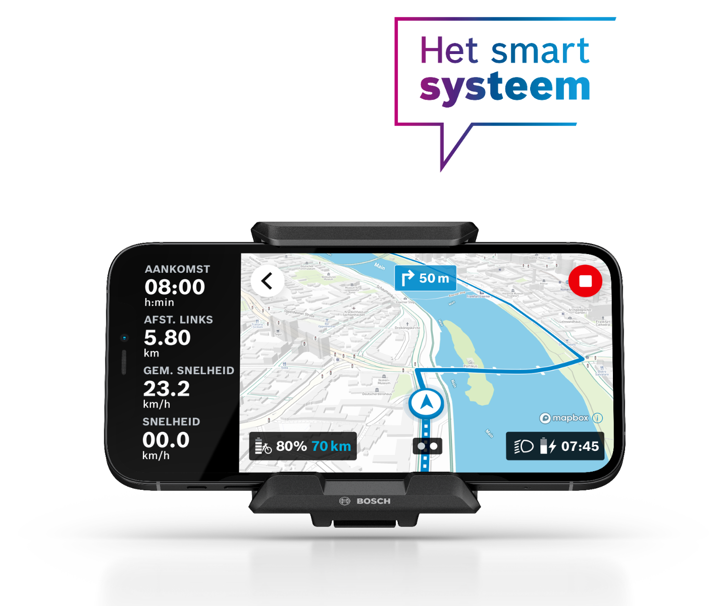 Vue de face du SmartphoneGrip Bosch avec le téléphone. Elle montre la fonction de navigation.