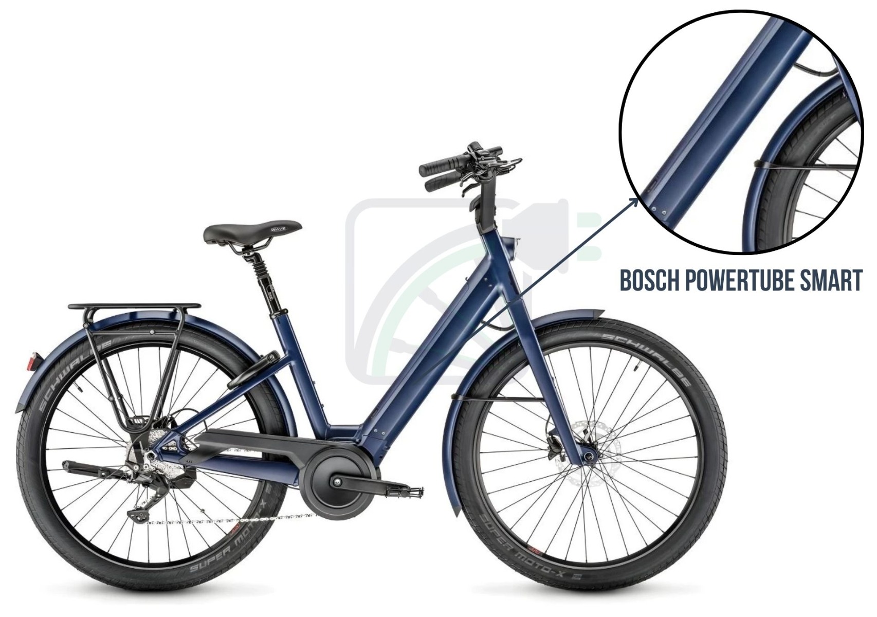 Photo d'un vélo électrique, avec un accent sur la batterie du vélo. La batterie présentée ici est la Bosch PowerTube. De plus, les différentes batteries disponibles pour ce vélo sont également mentionnées : Bosch PowerTube 400, 500, 625 et 750. Ces batteries sont disponibles en versions SMART et non-SMART.