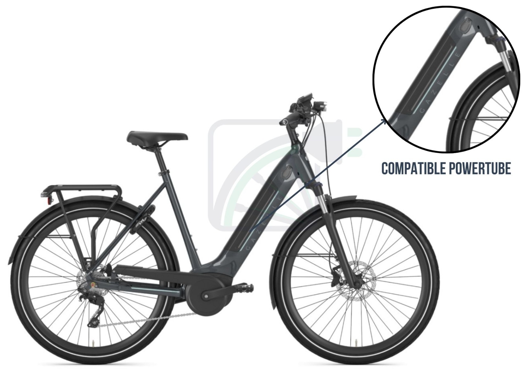Image d'un vélo électrique. Une partie de l'image est agrandie et la batterie du vélo est mise en évidence. Les batteries possibles pour ce vélo électrique sont également mentionnées. Ce sont des Powertubes compatibles avec Bosch.