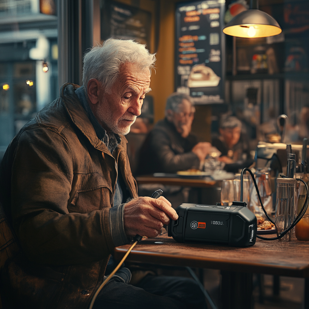 Oude man laadt zijn fietsaccu op in een restaurant