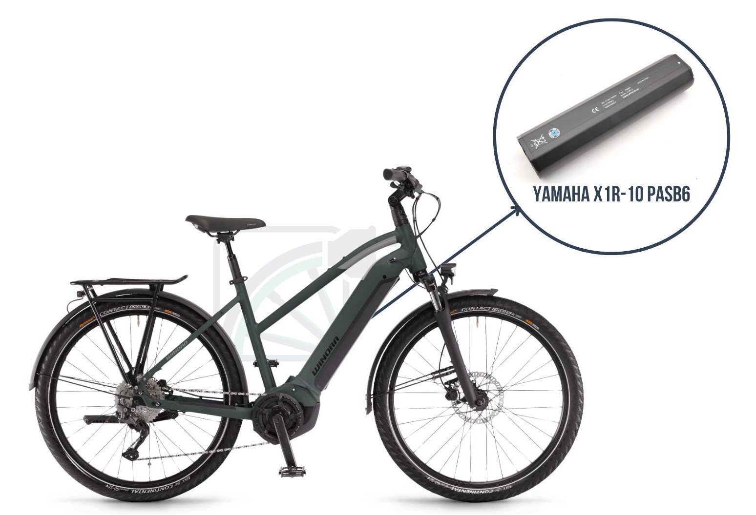  La Winor Yucatan iN7f avec mise en avant de la batterie utilisée sur ce vélo. Il s'agit de la Yamaha X1R-10 PASB6.
