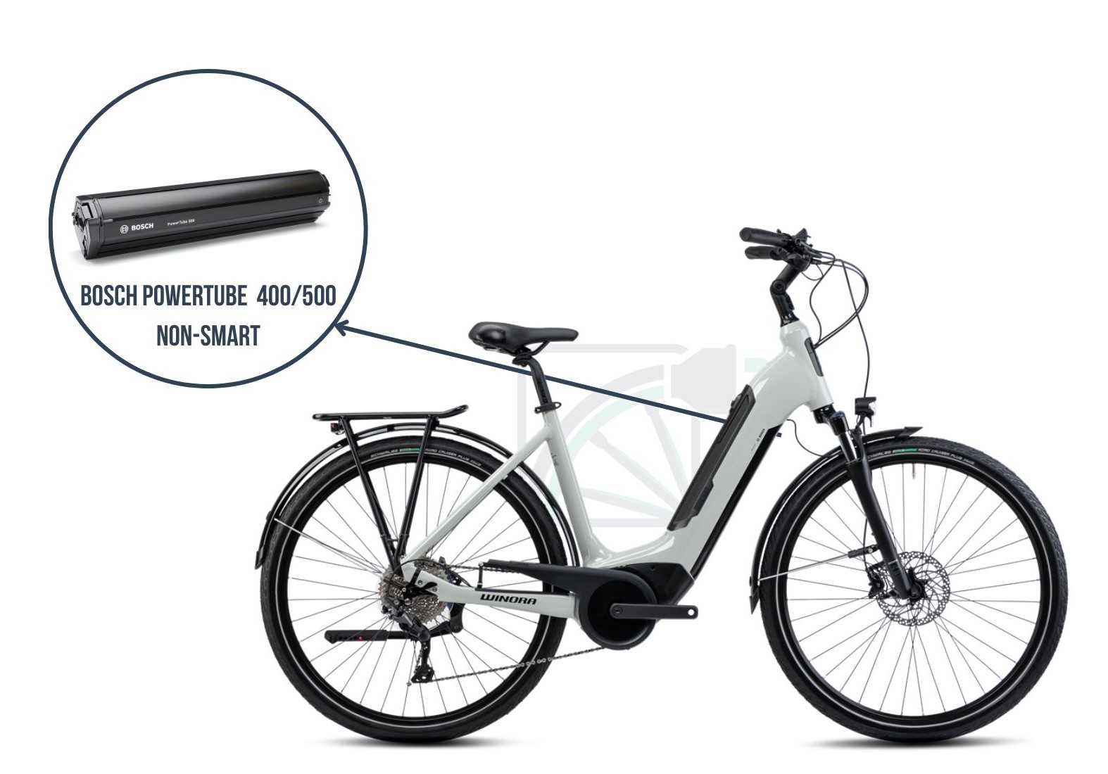 Sur cette image, la Winora Sinus Tria 10 est représentée. La batterie associée à ce vélo est mise en avant, savoir la Bosch Powertube 400/500 non-SMART.